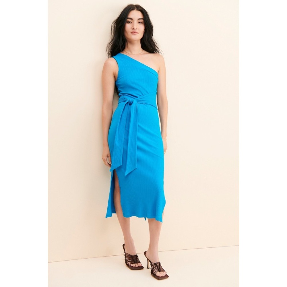 Line and Dot Willow Blue One Shoulder Ribbed Tie Waist Midi Dress Small
